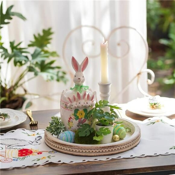 Hanobe Wood Bead Round Tray Whitewashed Rustic Farmhouse Coffee Table Decor - Picture 4 of 7